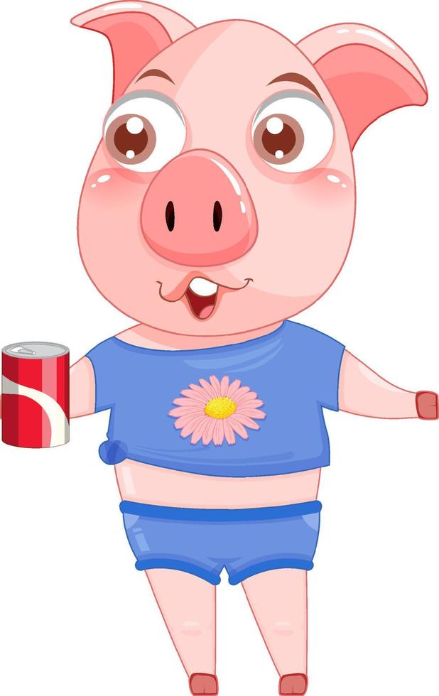 lindo personaje de dibujos animados de cerdo con lata de soda vector