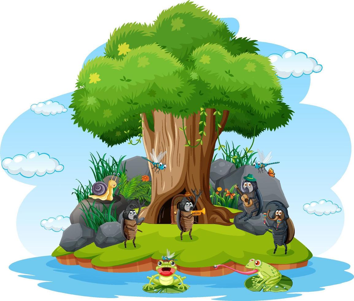 Cartoon insect and beetle in the forest vector