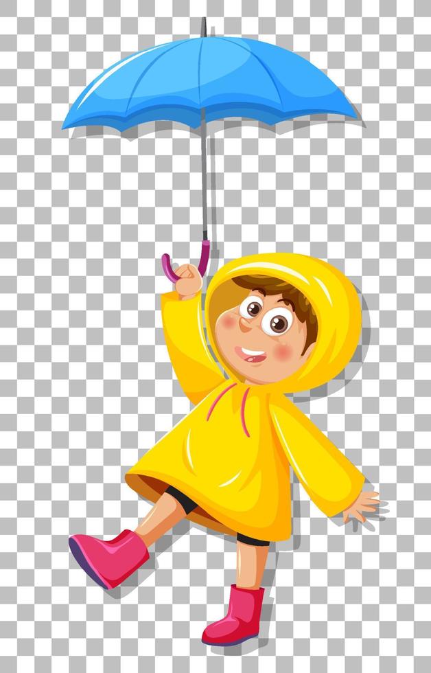 A boy in yellow raincoat with umbrell grid background vector
