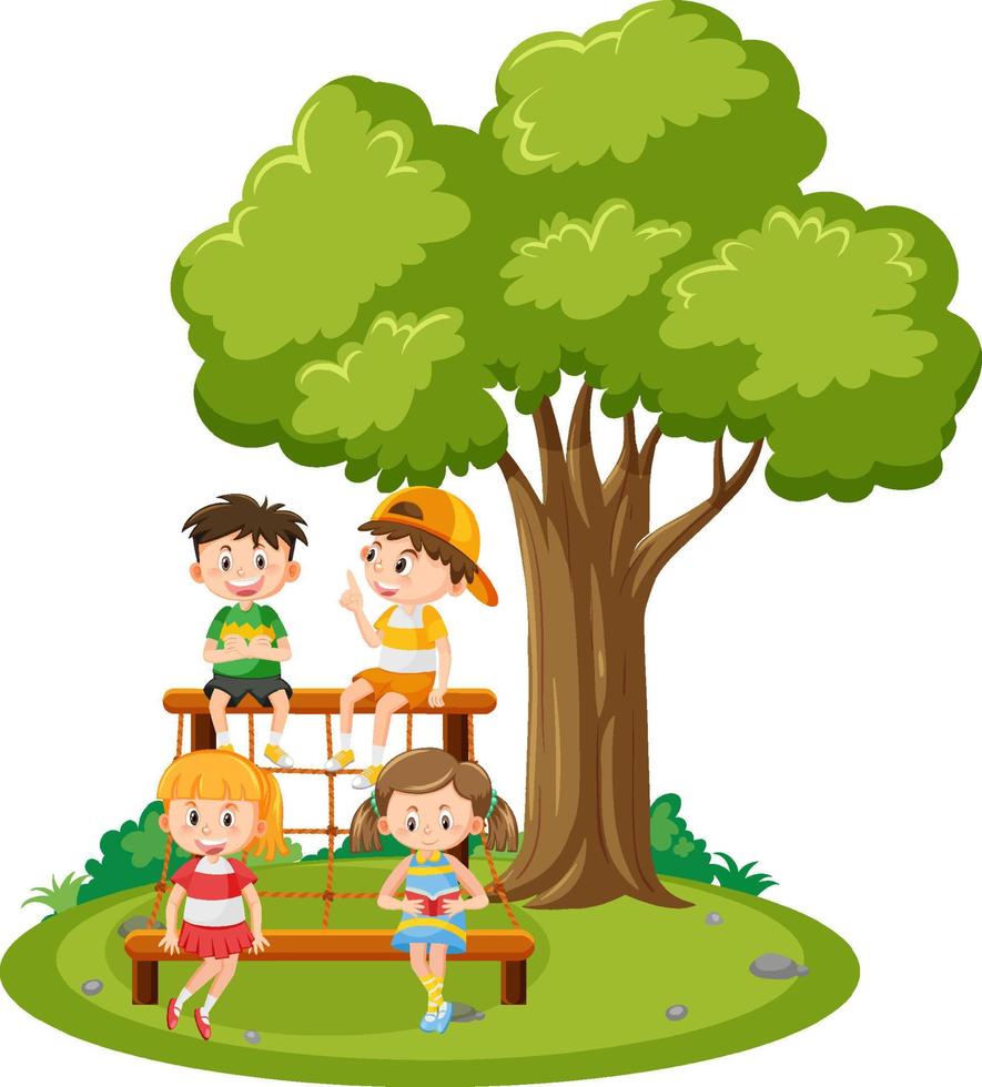 Student sitting on climbing rope wall net playground vector