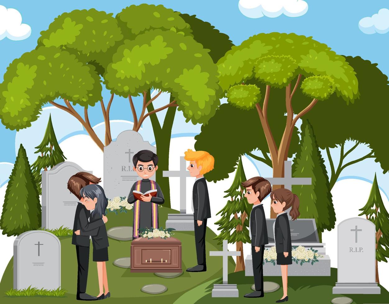 Sad people at funeral ceremony vector