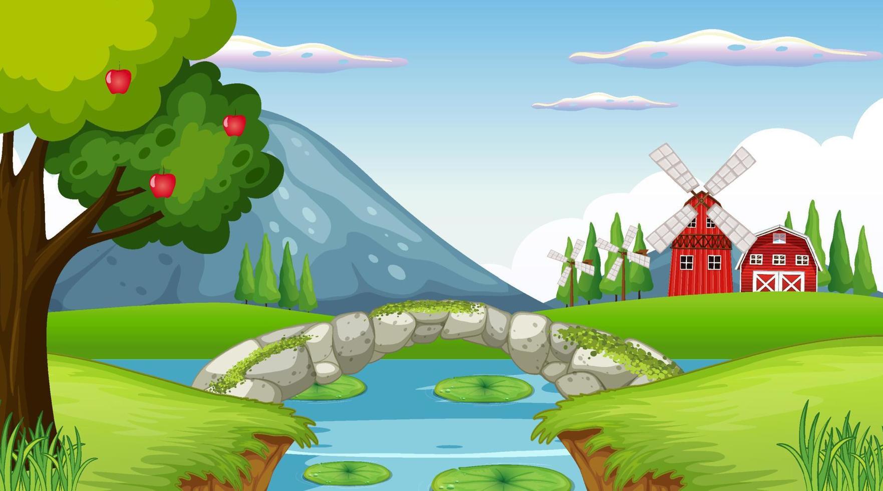 fondo de granja con puente de piedra vector