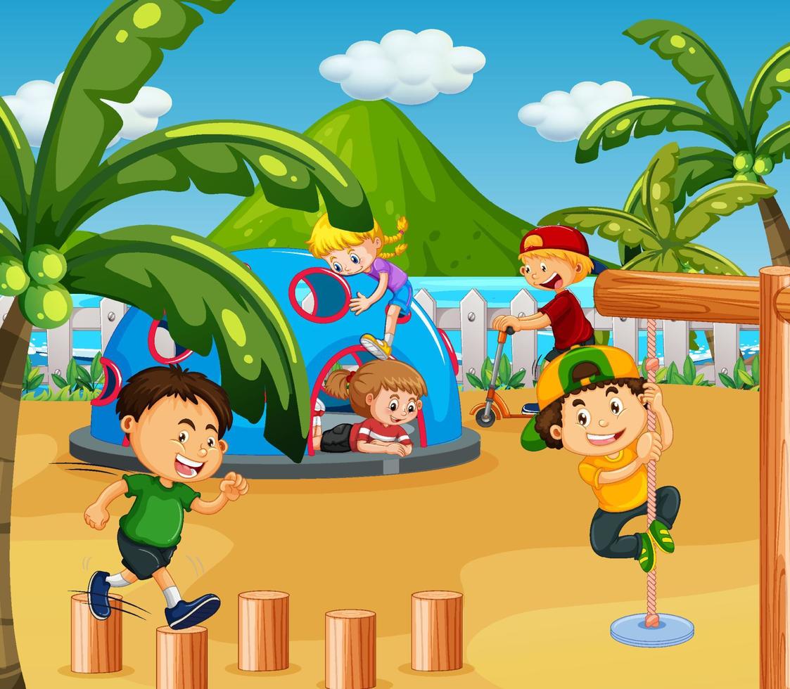 parque infantil en la playa con niños felices vector