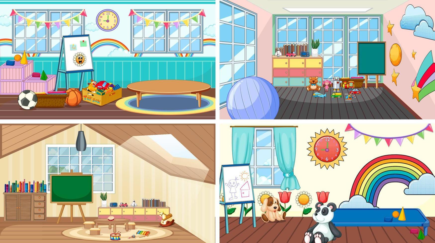 Set of different kindergarten classroom scenes vector