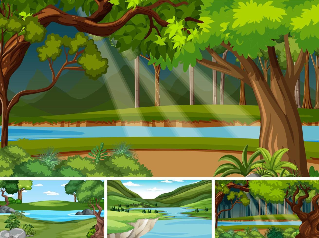 escena de la naturaleza con muchos árboles y río vector