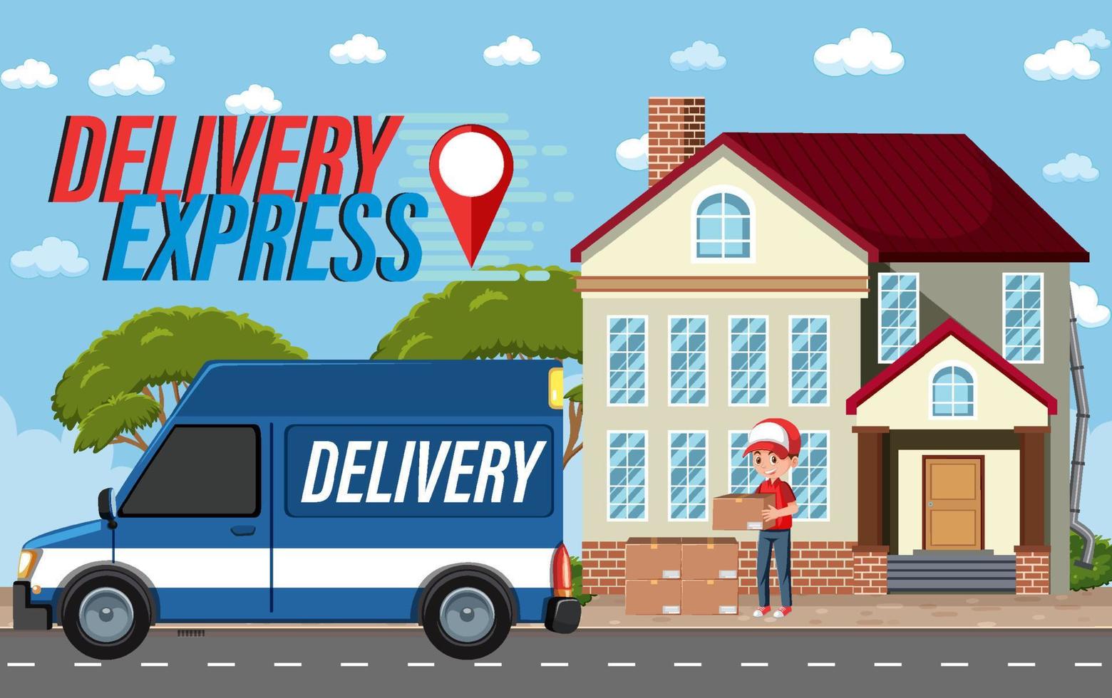 Courier delivering packages standing in front of house vector