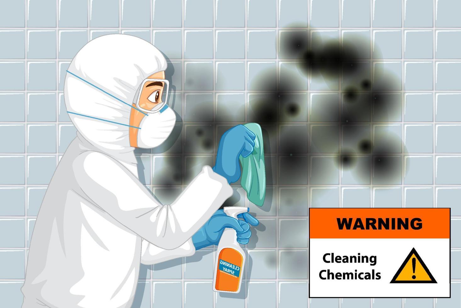 Man in protective hazmat suit cleaning mold on the wall vector