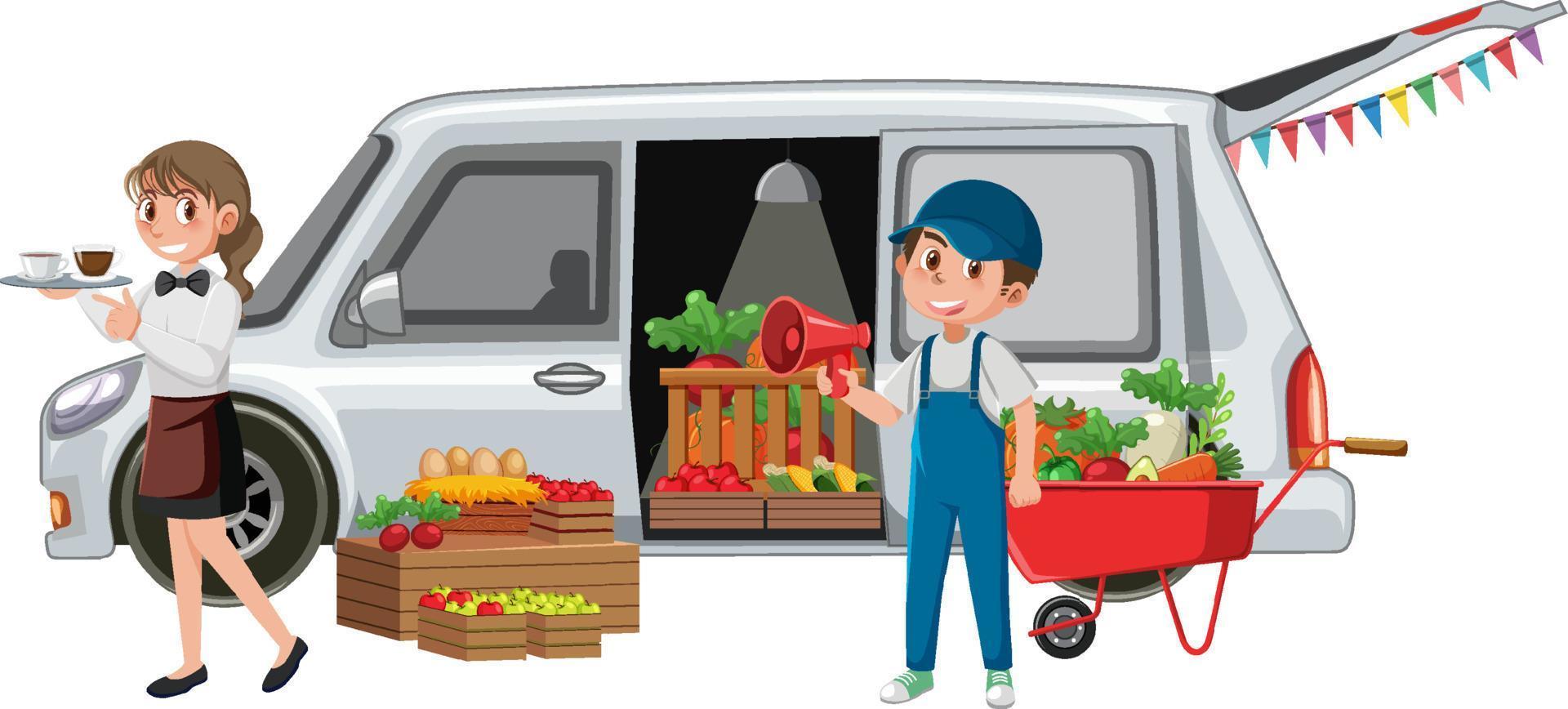 People selling vegetables and coffee vector