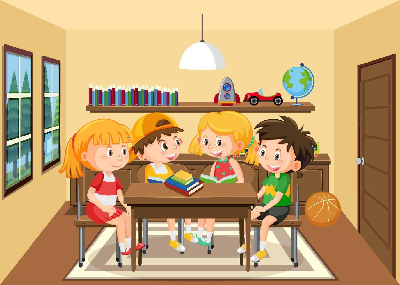 escena de la habitación con niños haciendo la tarea vector