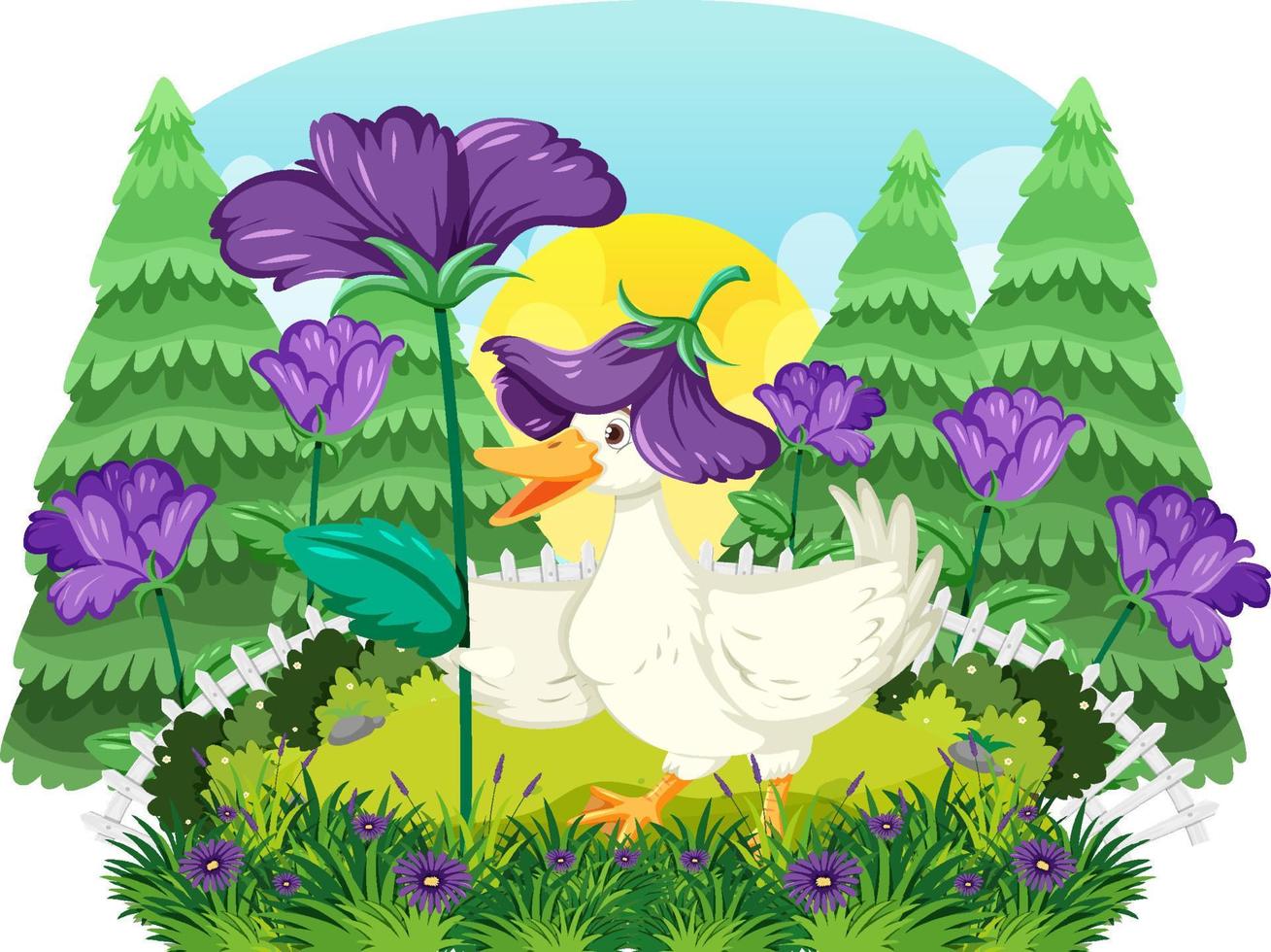 un pato en un campo de flores moradas vector