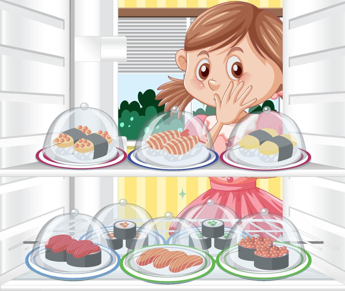 Girl looking foods in fridge vector