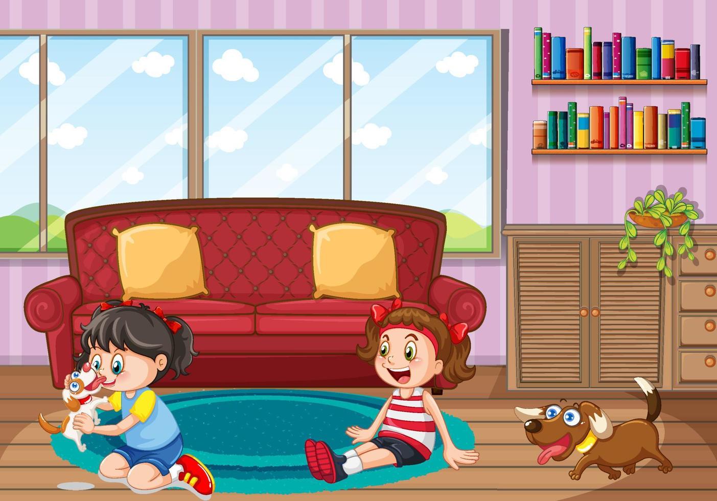 Scene with two girls in living room vector