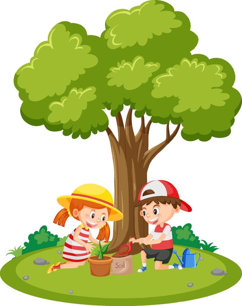 Outdoor scene with children planting tree vector