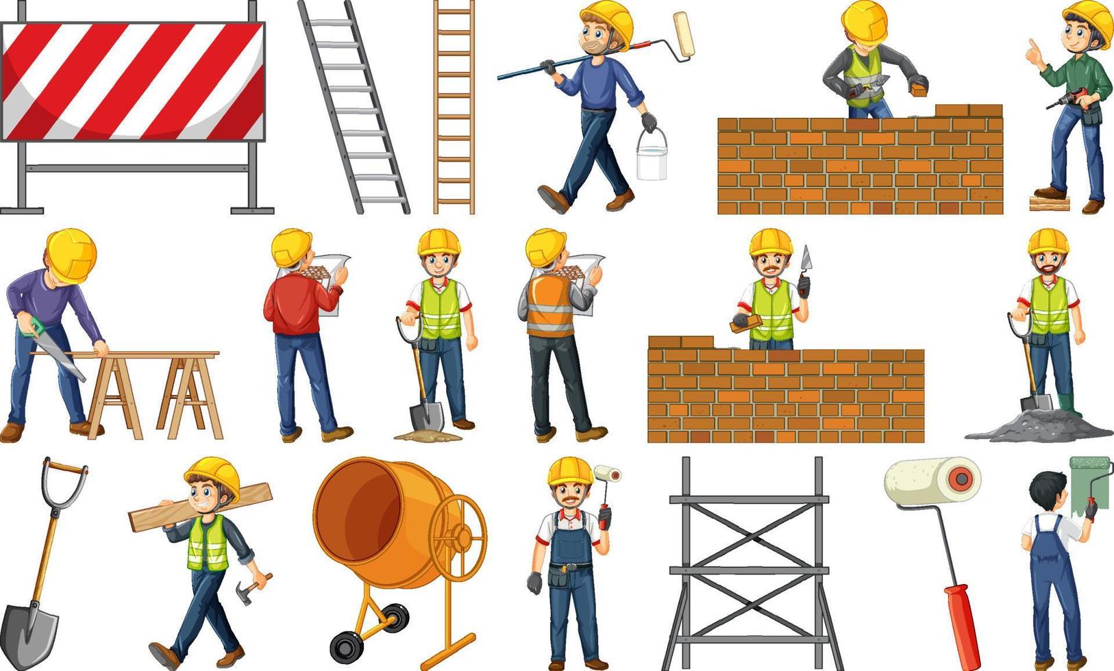 Construction worker set with man and tools vector