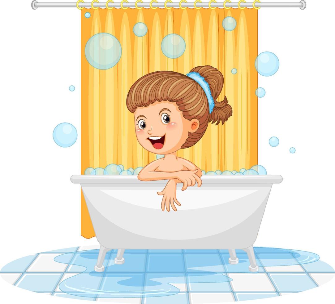 niña feliz tomando un baño vector