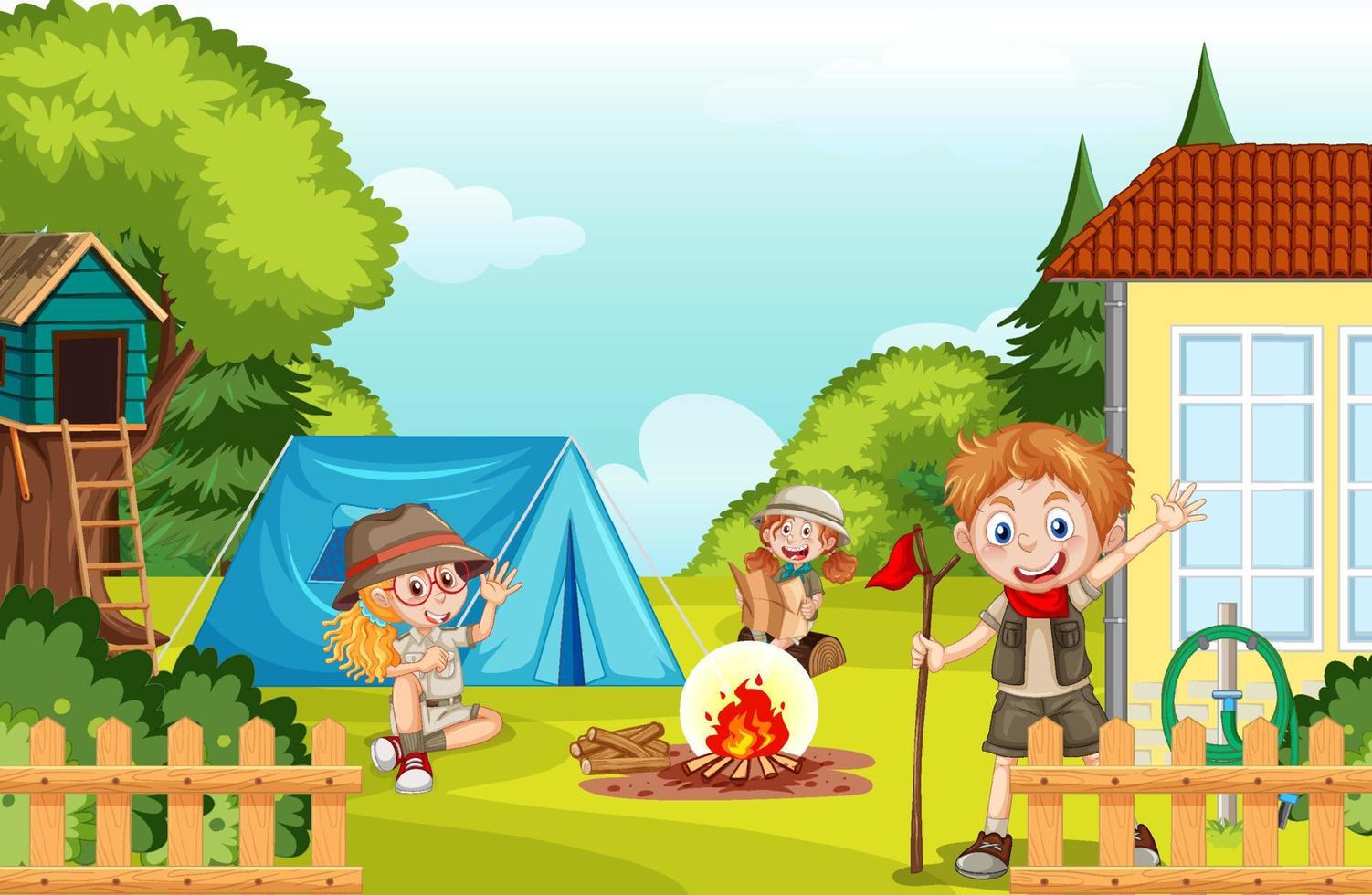 Backyard camping with kids vector