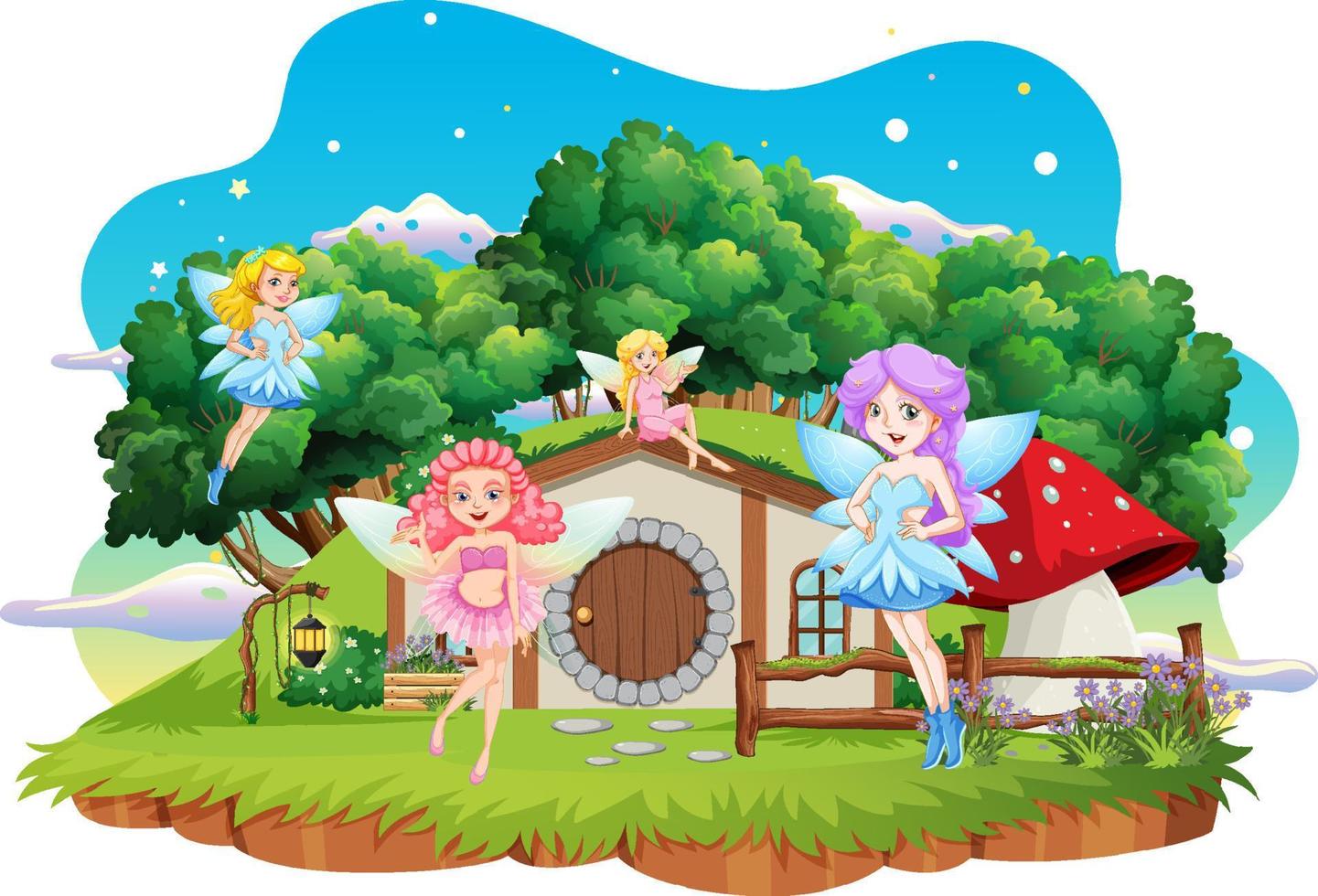 Fairies at hobbit house on white background vector