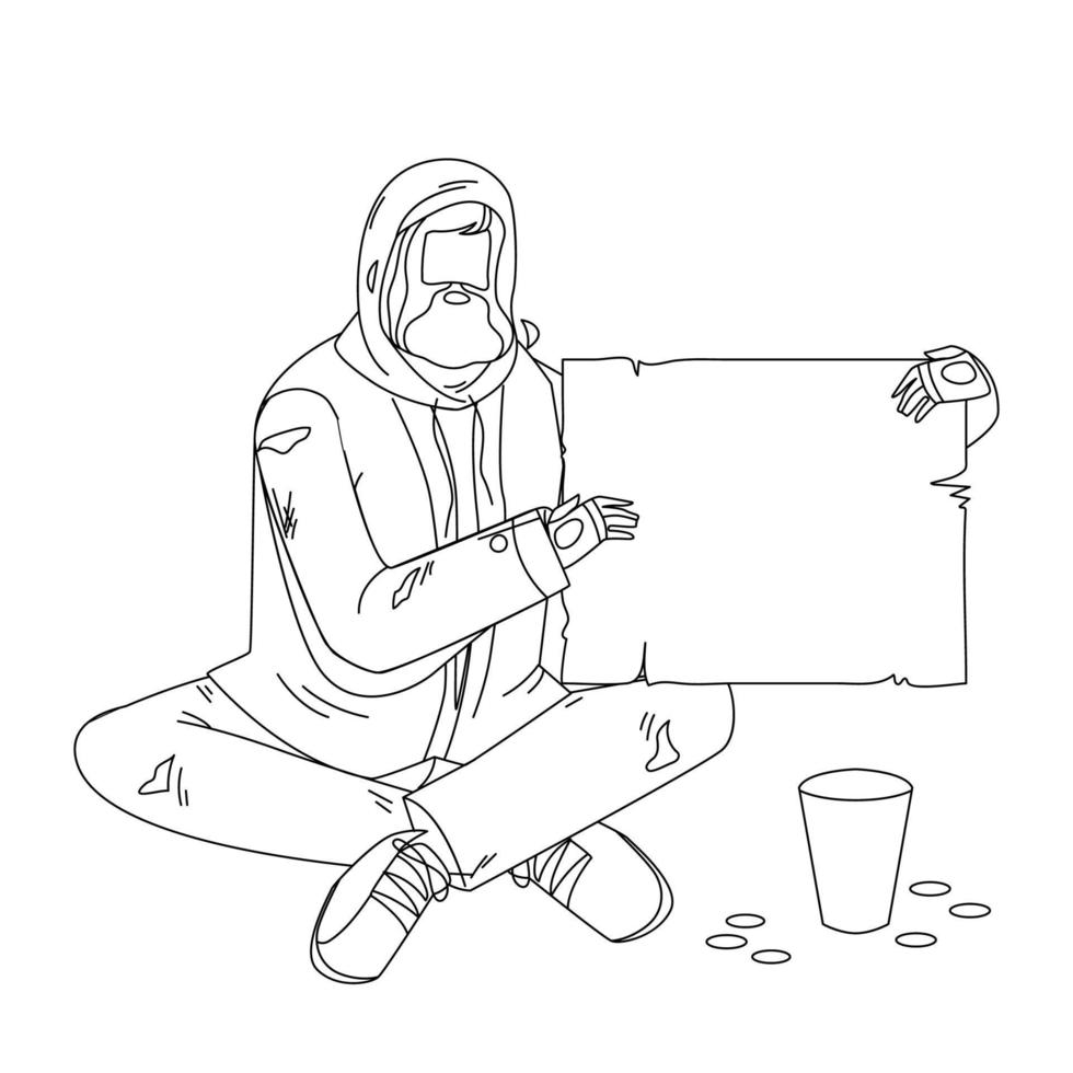 Beggar Sitting On Floor And Holding Carton Vector