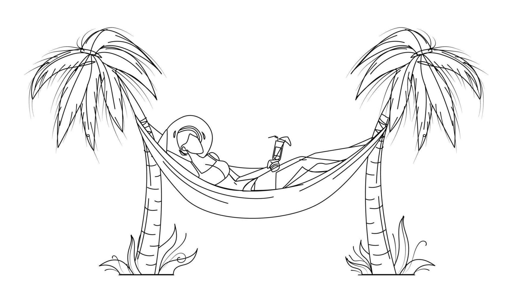 Woman Relaxing With Cocktail On Hammock Vector