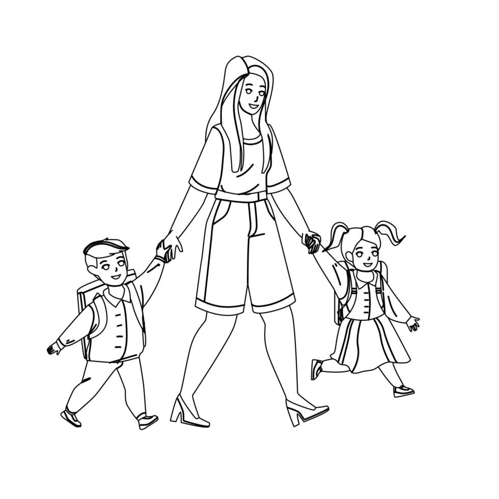 niño y niña alumno van a la escuela con madre vector