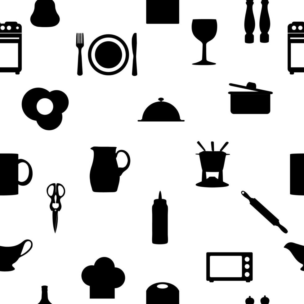 Kitchen tools icons Silhouette seamless pattern Vector illustration