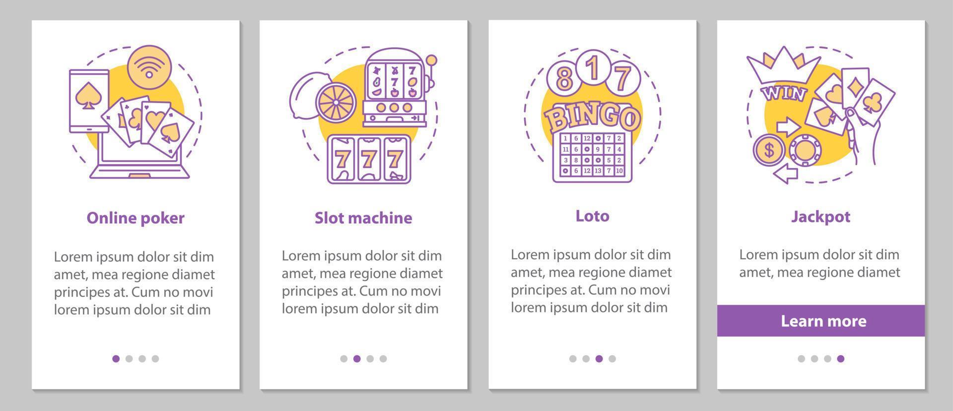 Gambling onboarding mobile app page screen with linear concepts. Casino. Online poker, lottery, slot machines, jackpot steps graphic instructions. UX, UI, GUI vector template with illustrations