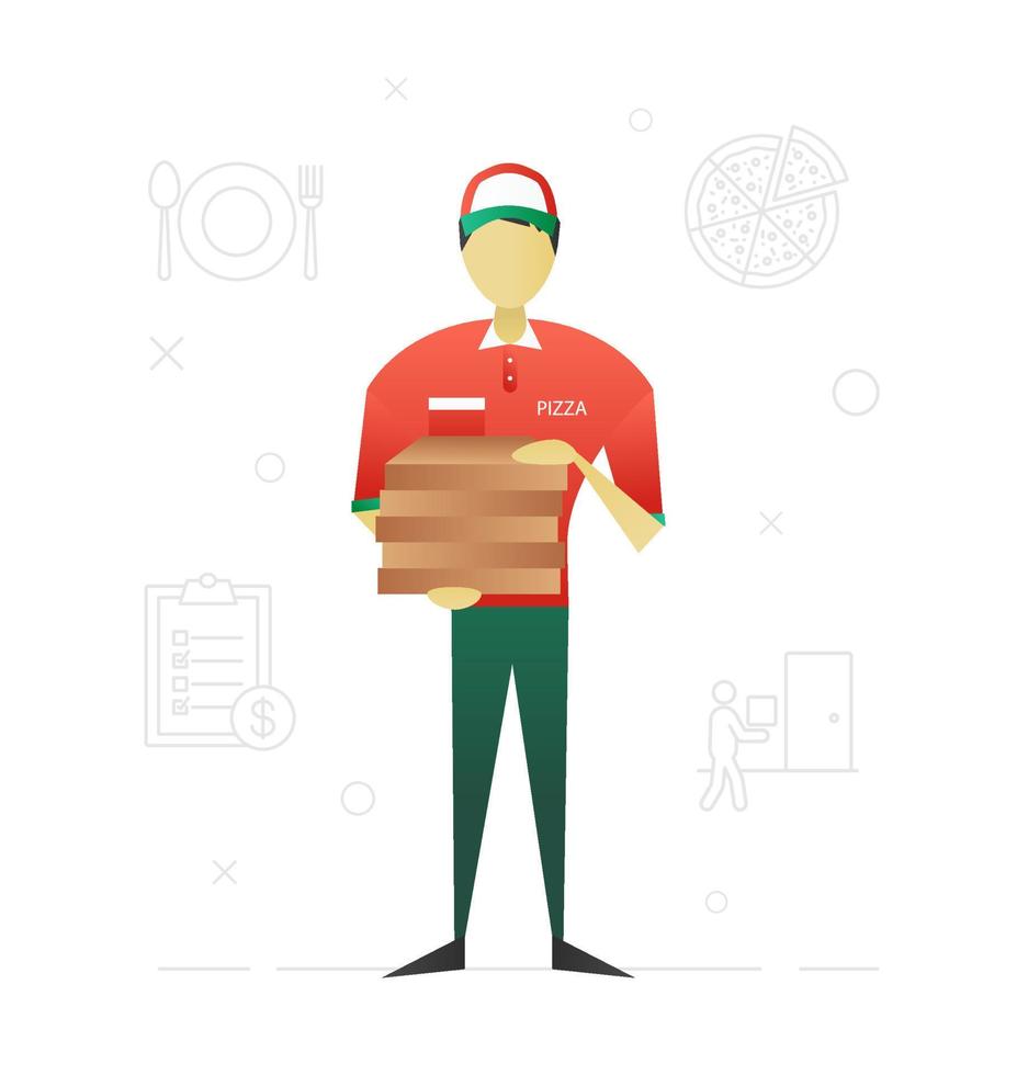 Pizza deliveryman flat character design. Delivery service. Vector isolated illustration