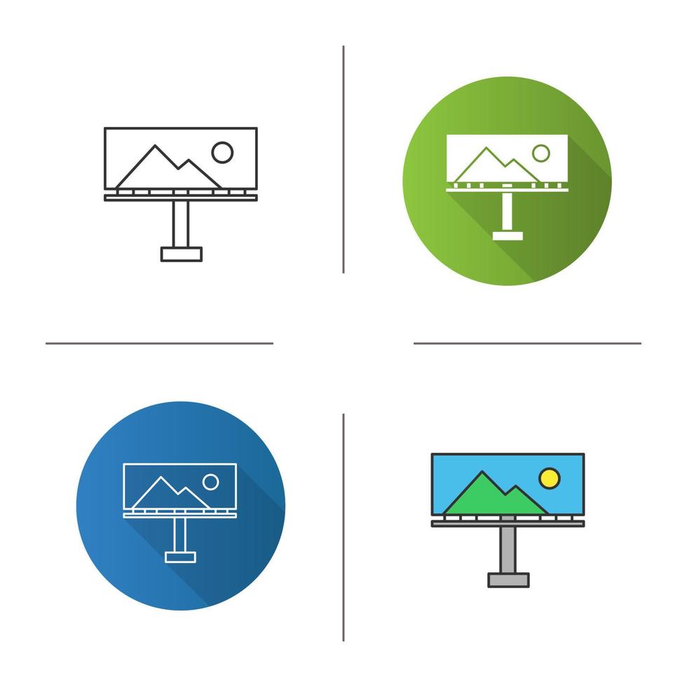 Billboard mockup icon. Large format printing. Big board template. Flat design, linear and color styles. Isolated vector illustrations