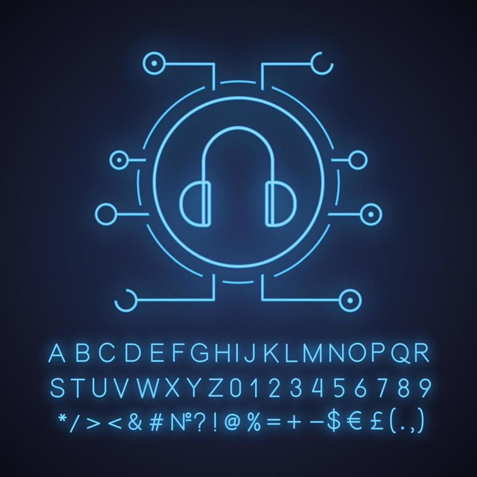 Online listening to music neon light icon. Audiofiles. Playlist. Glowing sign with alphabet, numbers and symbols. Vector isolated illustration