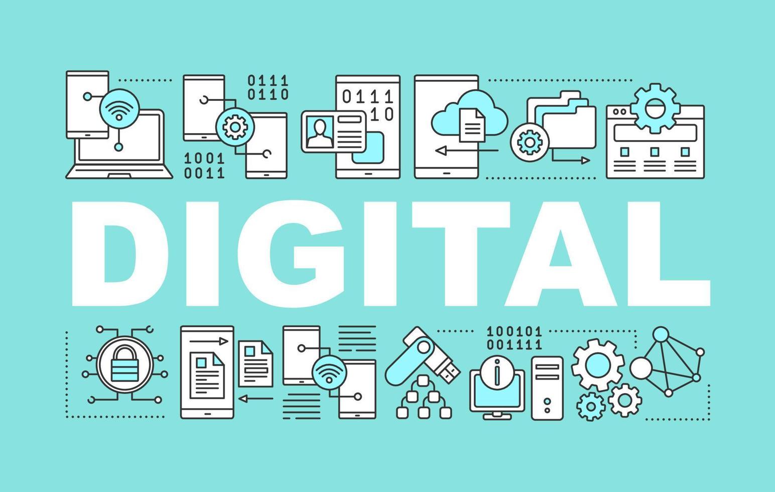 Digital technology word concepts banner. Computing. Smartphone data transfer. Internet connection. Web storage. Isolated lettering typography idea with linear icons. Vector outline illustration