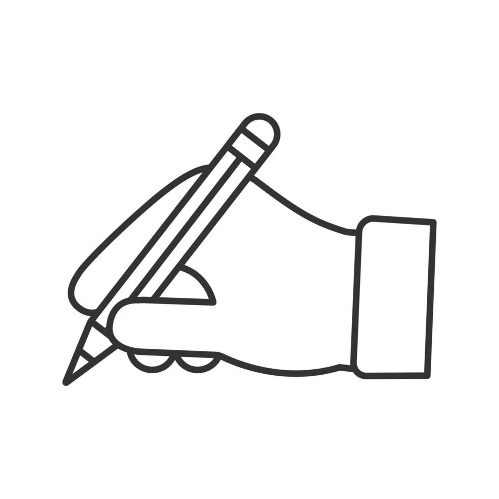 Hand holding pencil linear icon. Thin line illustration. Handwriting. Drawing. Taking notes. Contour symbol. Vector isolated outline drawing