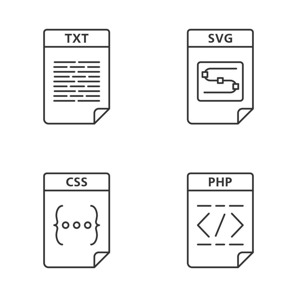 Files format linear icons set. Presentation, webpage, text, image files. TXT, SVG, CSS, PHP. Thin line contour symbols. Isolated vector outline illustrations. Editable stroke