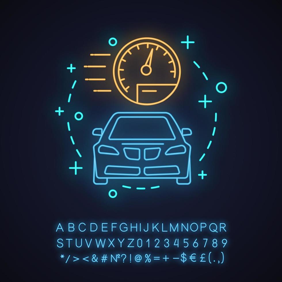 Car rental neon light concept icon. Rent a car idea. Auto leasing. Automobile hiring. Glowing sign with alphabet, numbers and symbols. Vector isolated illustration