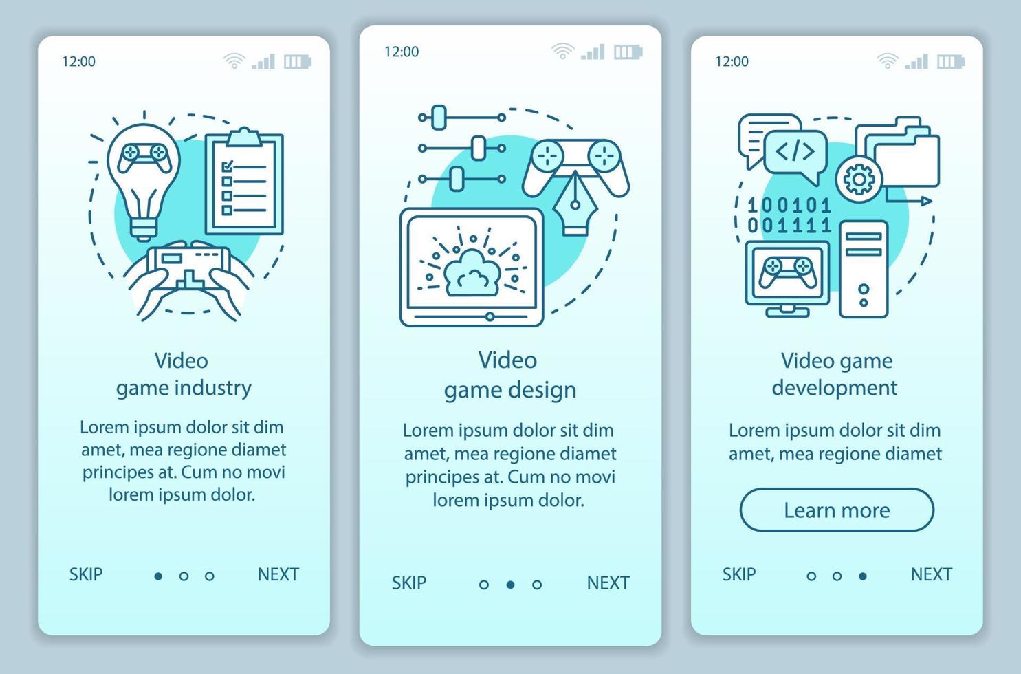 Video game industry onboarding mobile app page screen vector template. Computer game development, design. Walkthrough website steps with linear illustrations. UX, UI, GUI smartphone interface concept