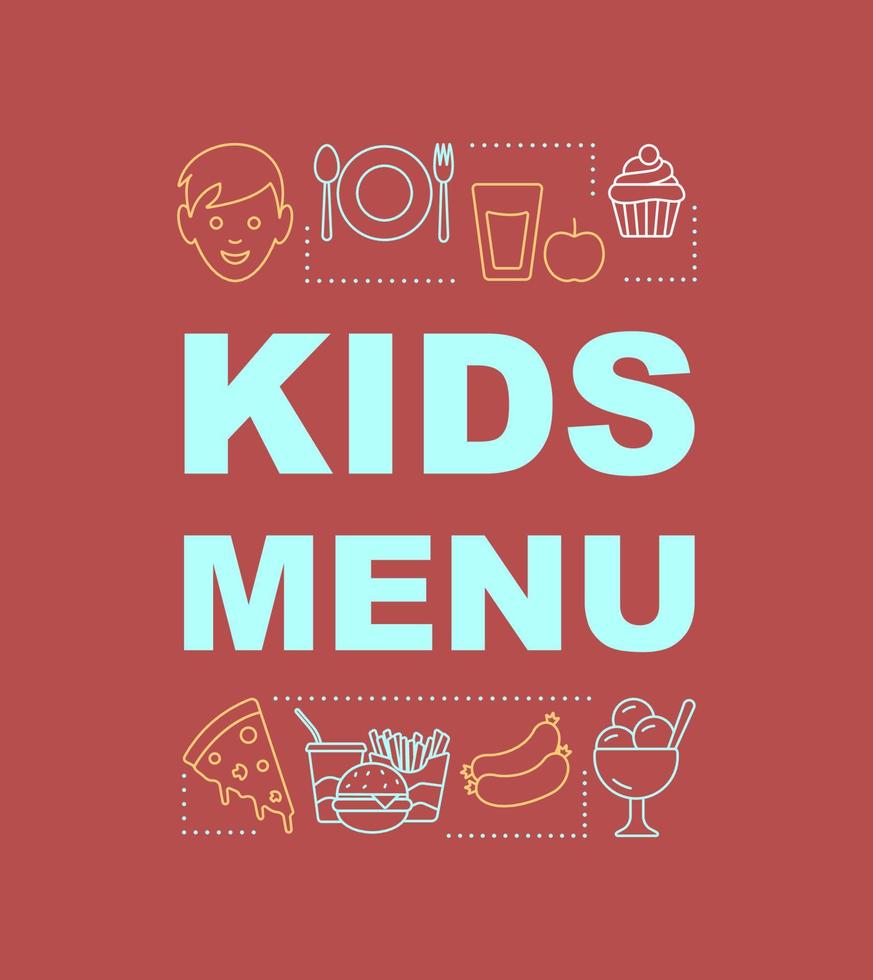 Kids menu word concepts banner. Fastfood meal. Unhealthy food. Menu for children birthday. Presentation, website. Isolated lettering typography idea with linear icons. Vector outline illustration