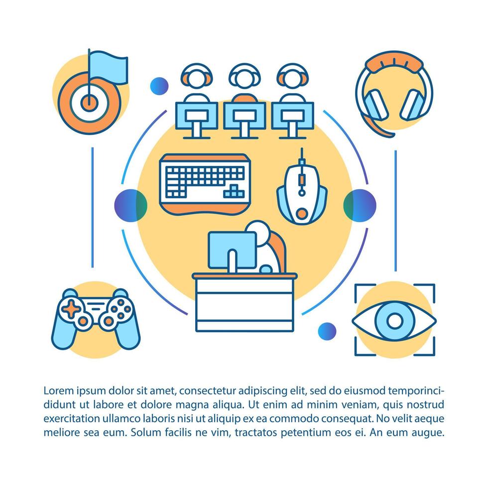 Esports tournament article page vector template. Video games competition. Brochure, magazine, booklet design element with linear icons, text boxes. Print design. Concept illustrations with text space