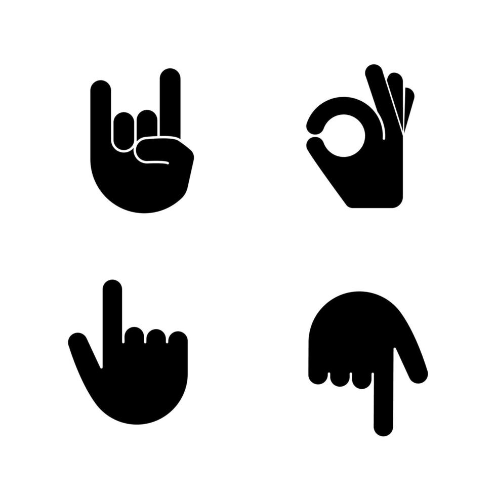 Hand gesture emojis glyph icons set. Rock on, heavy metal, OK, approval gesturing. Backhand index pointing up and down. Turn back finger pointer. Silhouette symbols. Vector isolated illustration