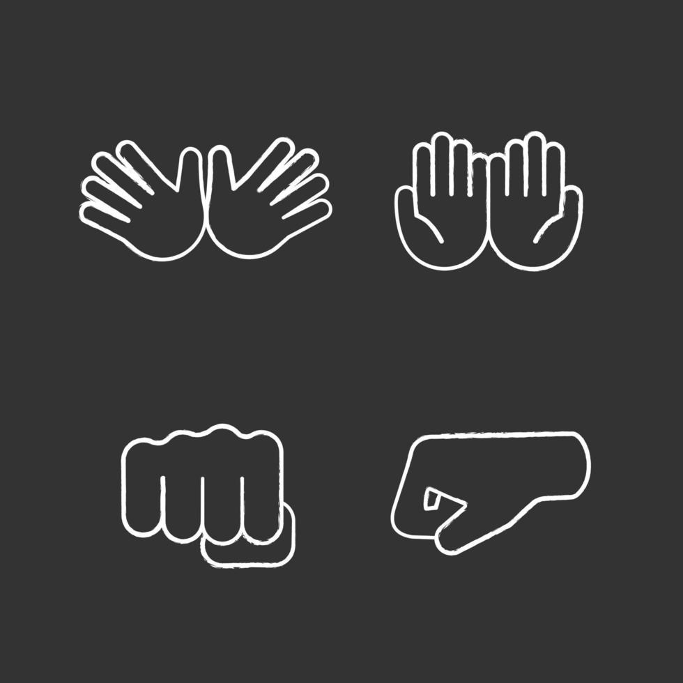 Hand gesture emojis chalk icons set. Jazz, hug, begging gesturing, punching fists. Cupped and opened palms. Isolated vector chalkboard illustrations