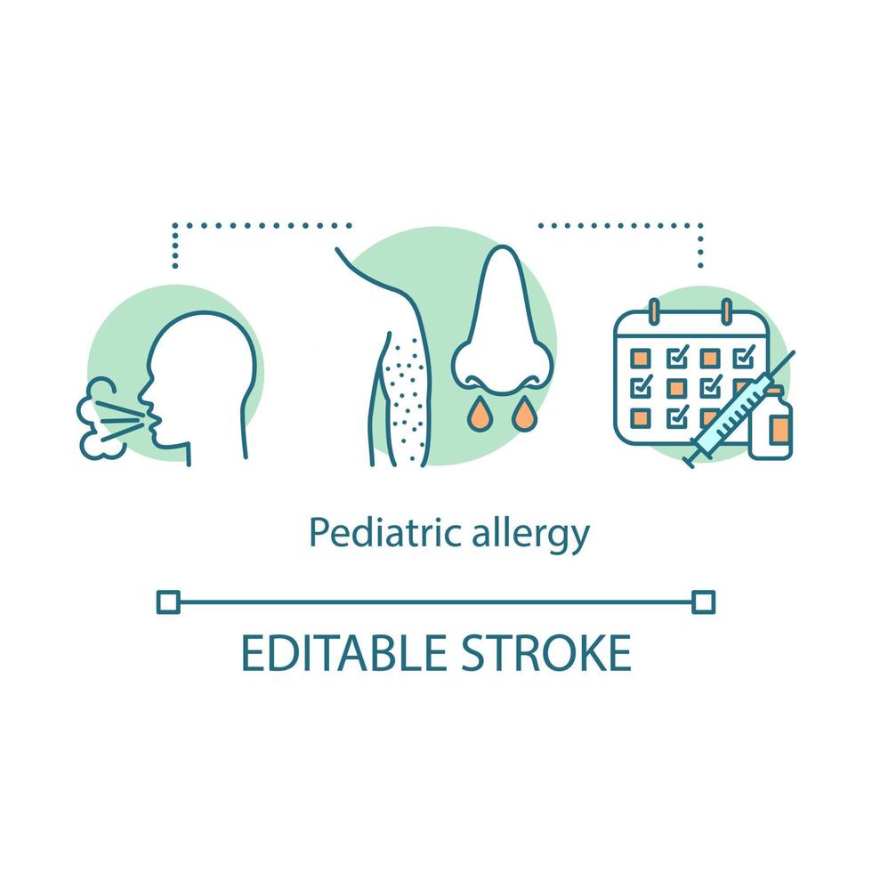 Pediatric allergy concept icon. Vaccine allergy. Rhinitis, urticaria, itchy, sneezing, cough. Children health care idea thin line illustration. Vector isolated outline drawing. Editable stroke