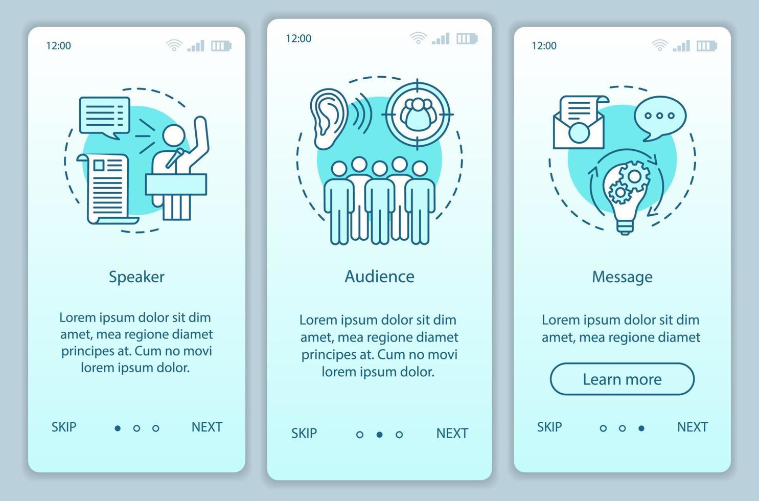 Rhetorical triangle onboarding mobile app page screen vector template. Leadership skills. Speaker, audience, message. Walkthrough website steps with line icons. UX, UI, GUI smartphone interface