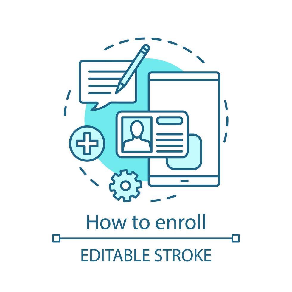 How to enroll concept icon. Online registration. Add contact. Create account. Network group administration. Business chat idea thin line illustration. Vector isolated outline drawing. Editable stroke