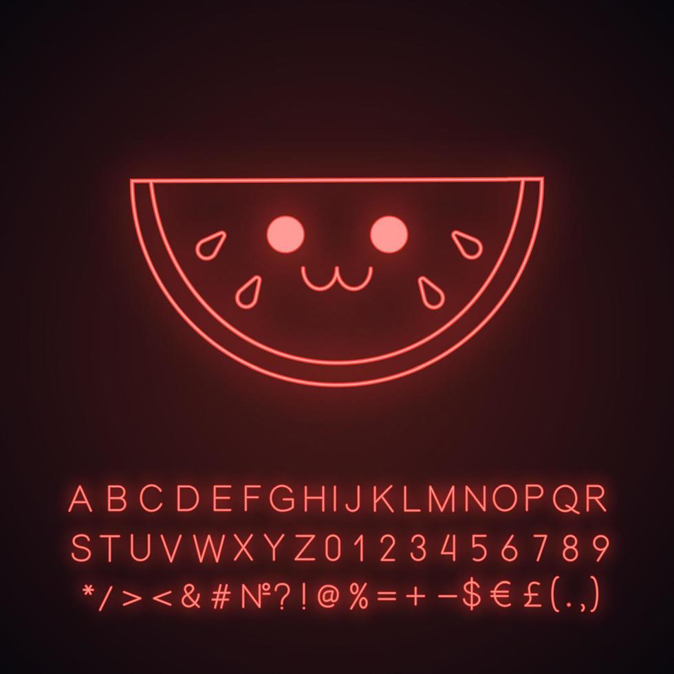 Watermelon cute kawaii neon light character. Berry with smiling face. Happy food. Funny emoji, emoticon, smile. Glowing icon with alphabet, numbers, symbols. Vector isolated illustration