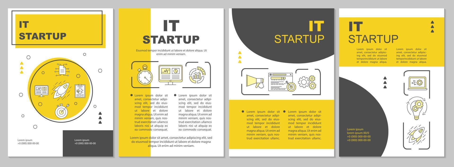 IT startup brochure template layout. Starting new business. Flyer, booklet, leaflet print design with linear illustrations. Vector page layouts for magazines, annual reports, advertising posters..