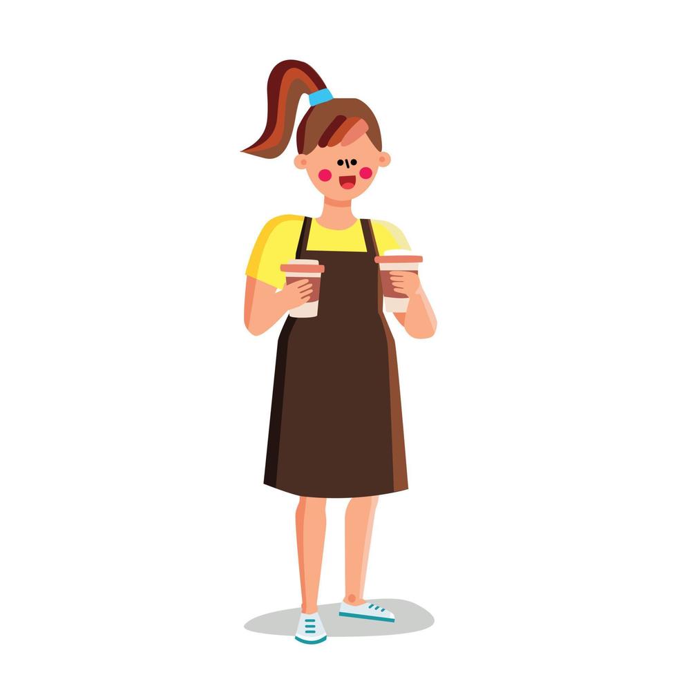 chica barista sosteniendo tazas de café preparadas vector