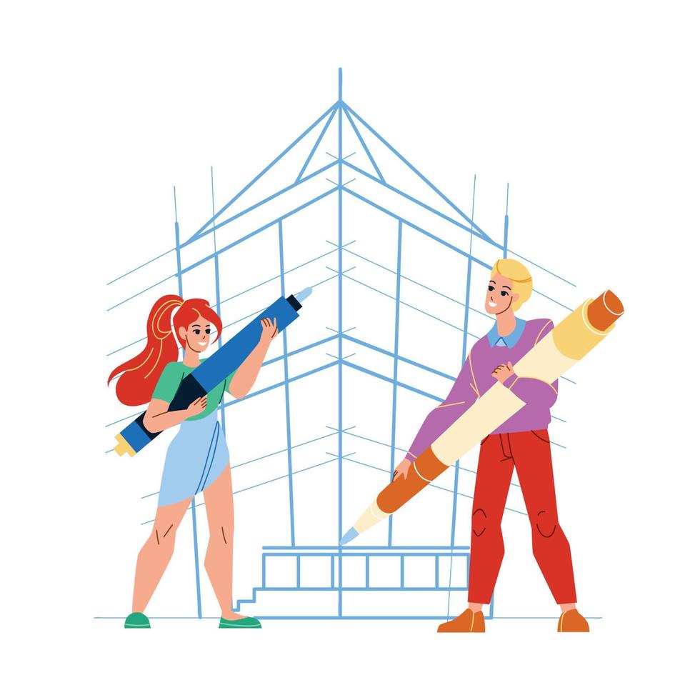 Building Design Man And Woman Architects Vector