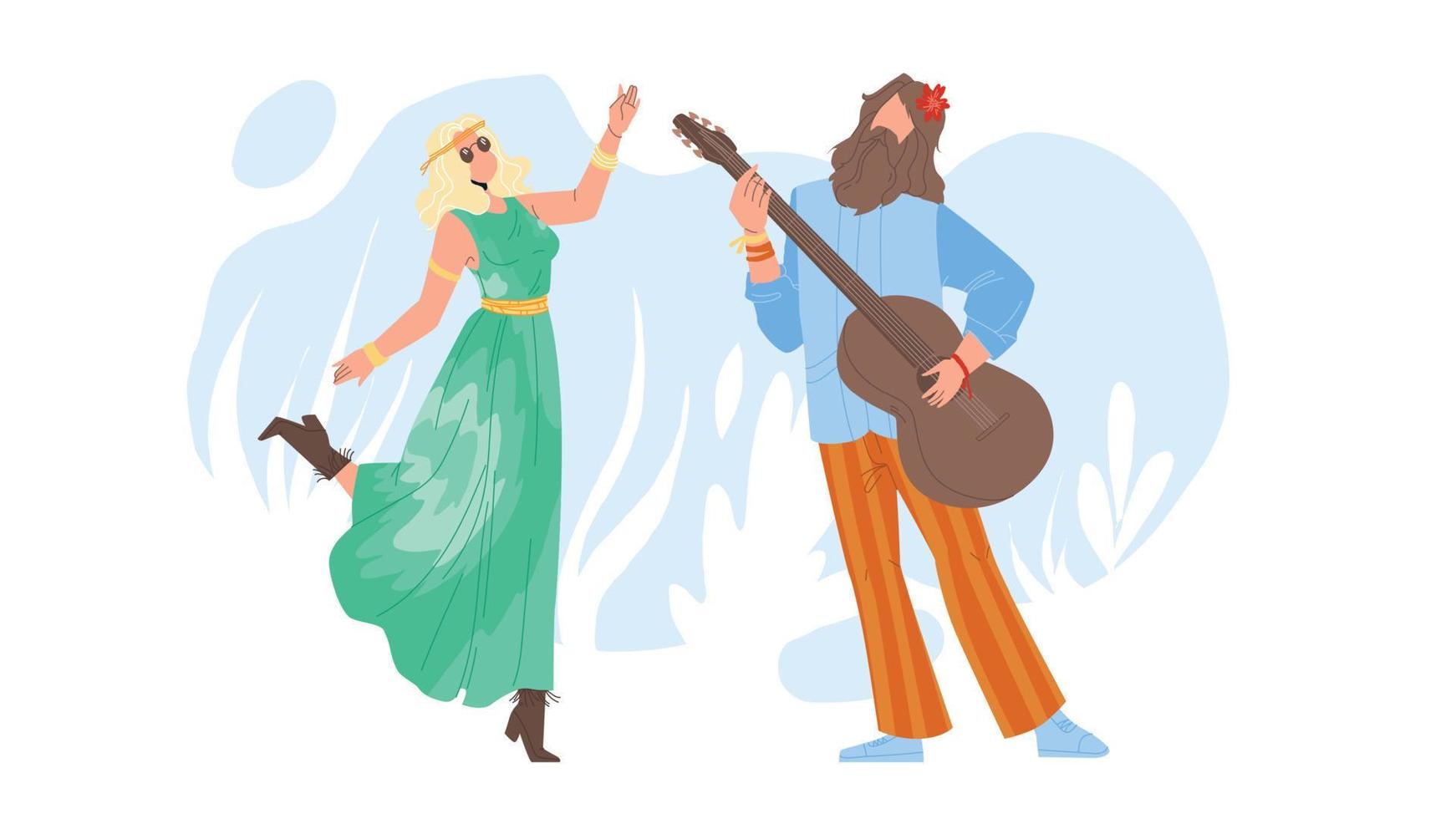 Hippie Couple Dancing And Playing On Guitar Vector