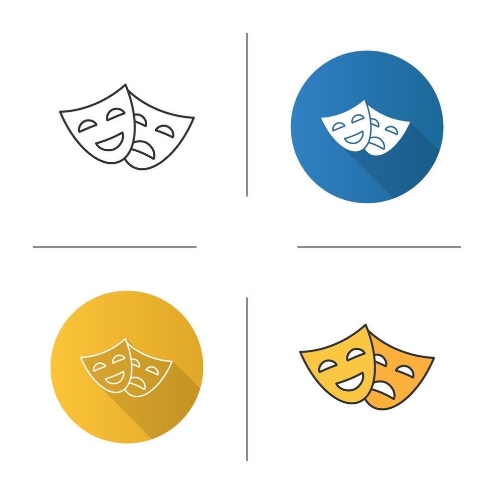 Comedy and tragedy masks icon. Theater. Drama. Flat design, linear and color styles. Isolated vector illustrations