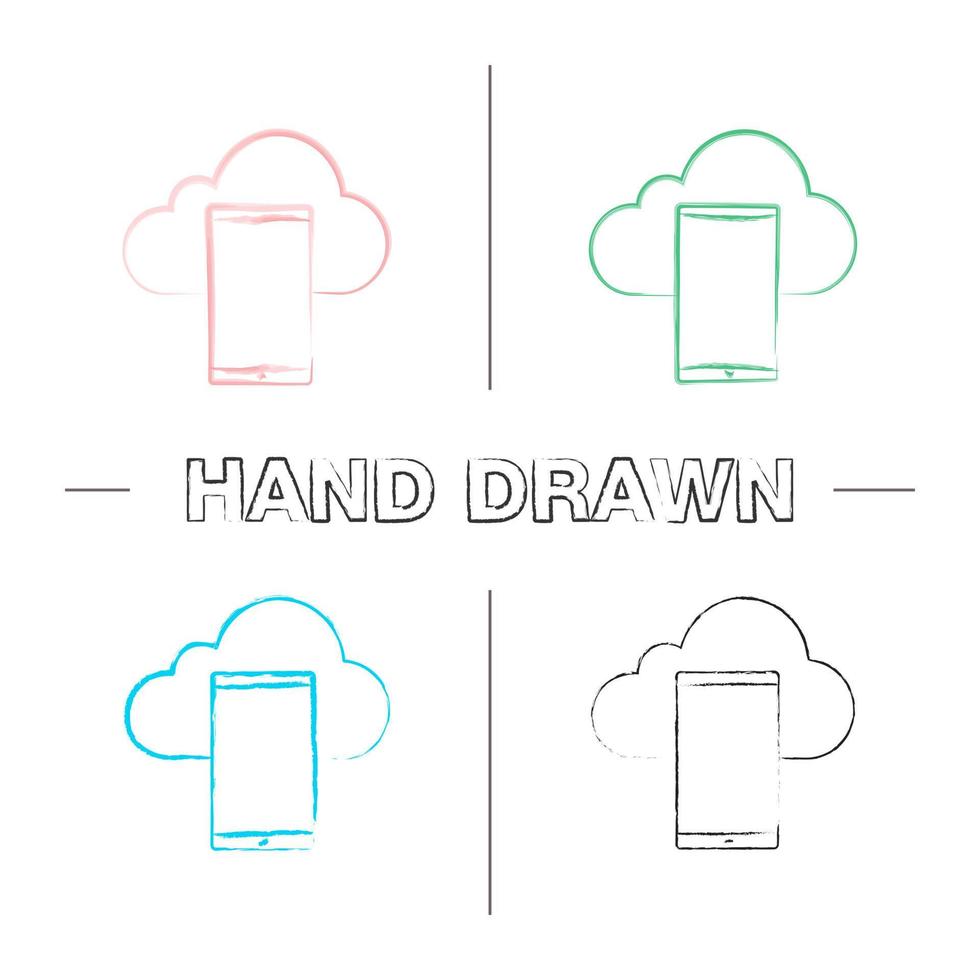 Smartphone cloud storage hand drawn icons set. Mobile cloud computing. Color brush stroke. Isolated vector sketchy illustrations