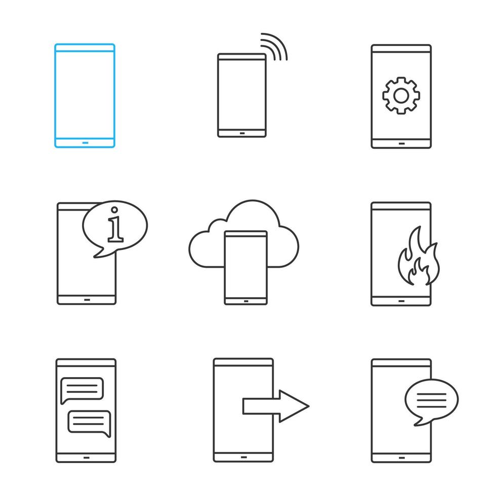 Phone communication linear icons set. Smartphone, call, settings, info chat, cloud storage, emergency, sms, data transfer, message. Thin line contour symbols. Isolated vector outline illustrations