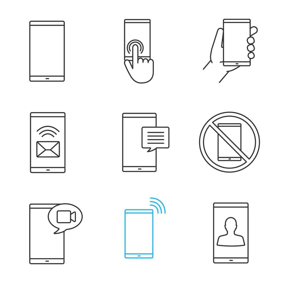 Phone communication linear icons set. Smartphone prohibition, touchscreen, hand with phone, sms, chat, video call, incoming call, user. Thin line contour symbols. Isolated vector outline illustrations